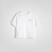 Koszulki i topy damskie - Reserved - T-shirt boxy z haftem - Kremowy - miniaturka - grafika 1