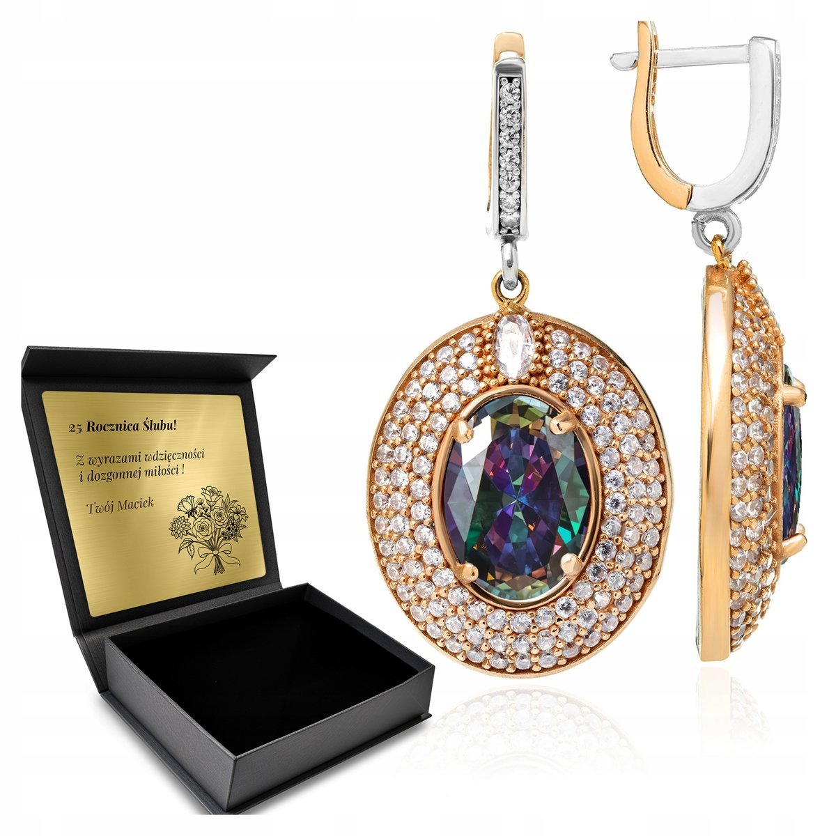 Kolczyki Srebrne 925 Cyrkonie I Topaz Biżuteria Dla Kobiety + Grawer