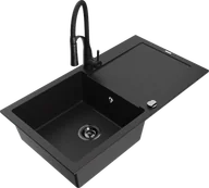 Zlewozmywaki z baterią - Mexen Leo zlewozmywak granitowy 1-komorowy z ociekaczem i baterią kuchenną Aster, czarny - 6501-77-73450-70-B - miniaturka - grafika 1