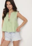Bluzki damskie - Zielona Bawełniana Bluzka Top z Wiązaniem z Przodu i Lekką Falbanką Furena - miniaturka - grafika 1