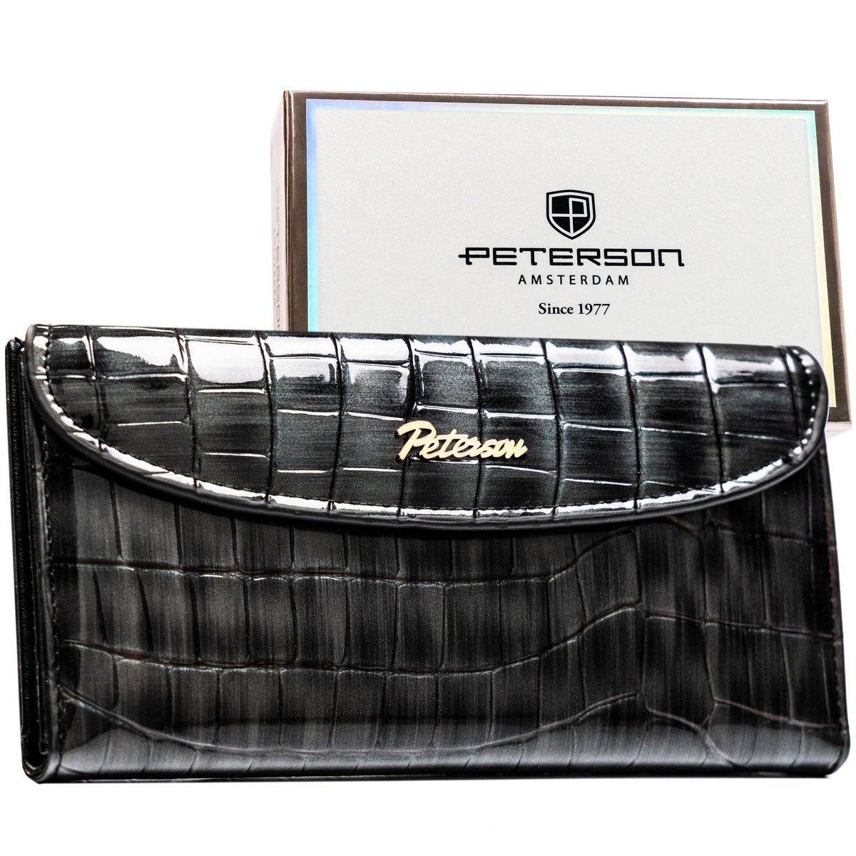 Portfel damski na karty PETERSON elegancki lakierowany duży na zatrzask i suwak szary