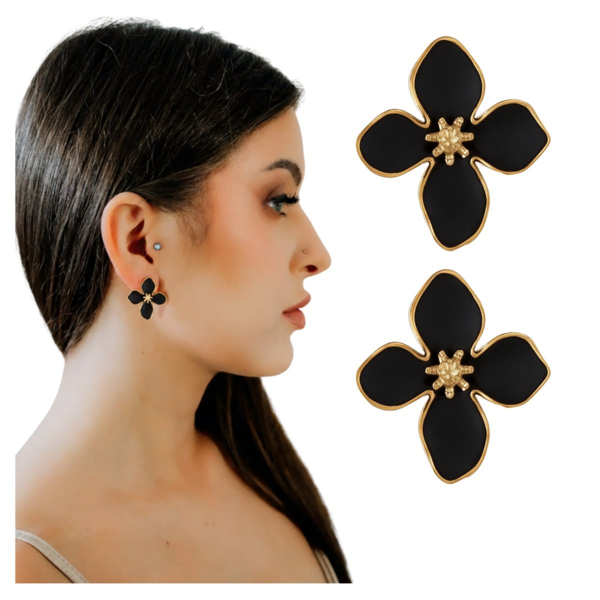 Kolczyki kwiaty SUBTELNE czarne złote LEKKIE sztyft vintage ELEGANCKIE