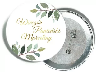 Przypinka personalizowana biała ze złotym napisem oraz liśćmi na Wieczór Panieński - Wieczór panieński i kawalerski - miniaturka - grafika 1