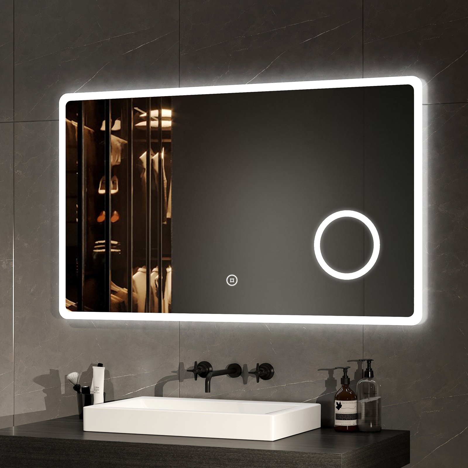 EMKE lustro łazienkowe LED lustro łazienkowe lustro ścienne 100x60cm z przełącznikiem dotykowym powiększenie lustro do makijażu zimne białe światło 6500k