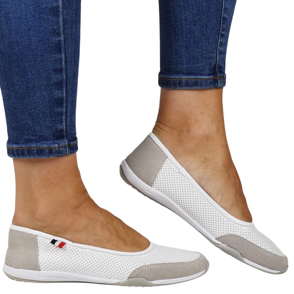 DAMSKIE BALERINY SPORTOWE PÓŁBUTY SKÓRZANE CAMBELL 87306 BIAŁO SZARE