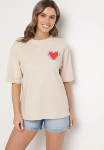 Beżowy Bawełniany T-shirt z Motywem Serca Liorlie - Koszulki i topy damskie - miniaturka - grafika 1