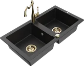 Zlewozmywaki z baterią - Mexen Mario zlewozmywak granitowy 2-komorowy z baterią kuchenną Carla, czarny/srebrny metalik - 6504-73-670700-50 - miniaturka - grafika 1
