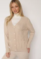 Swetry damskie - Jasnobeżowy Kardigan z Bawełną Zdobiony Warkoczowym Splotem i Kieszeniami Mevesava - miniaturka - grafika 1