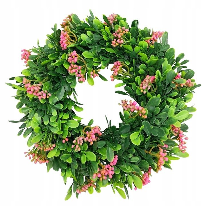 Wianek na drzwi stroik wieniec dekoracja na drzwi zielony z różowymi kwiatami 30 cm