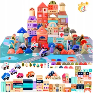 Klocki Miasto Drewniane Auta Zestaw 115 Klocków Edukacyjne + Mata Puzzle - Klocki - miniaturka - grafika 1