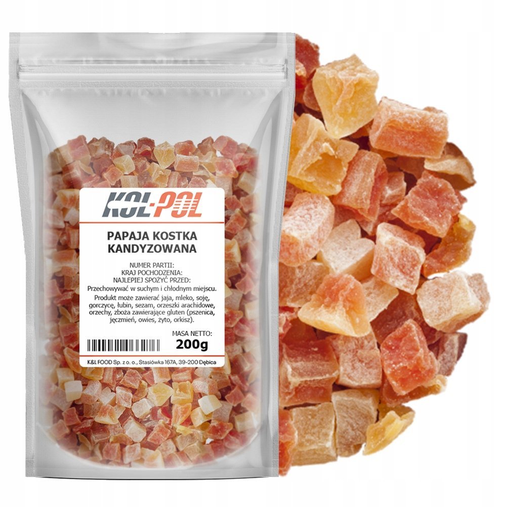 PAPAJA KANDYZOWANA KOSTKA 200g Suszona w kostkach słodka przekąska Kol-Pol