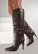 Kozaki damskie - Brązowe Kozaki na Szpilce Zdobione Tłoczeniem w Krokodyli Wzór Nalafea - Born2be - miniaturka - grafika 1