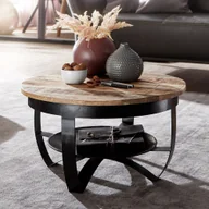 Ławy i stoliki kawowe - WOHNLING stolik kawowy 60x34x60 cm mango lite drewno / metal industrialny czarny okrągły, sofa stolik do salonu stolik solidny, mały stolik stolik kawowy do salonu - miniaturka - grafika 1