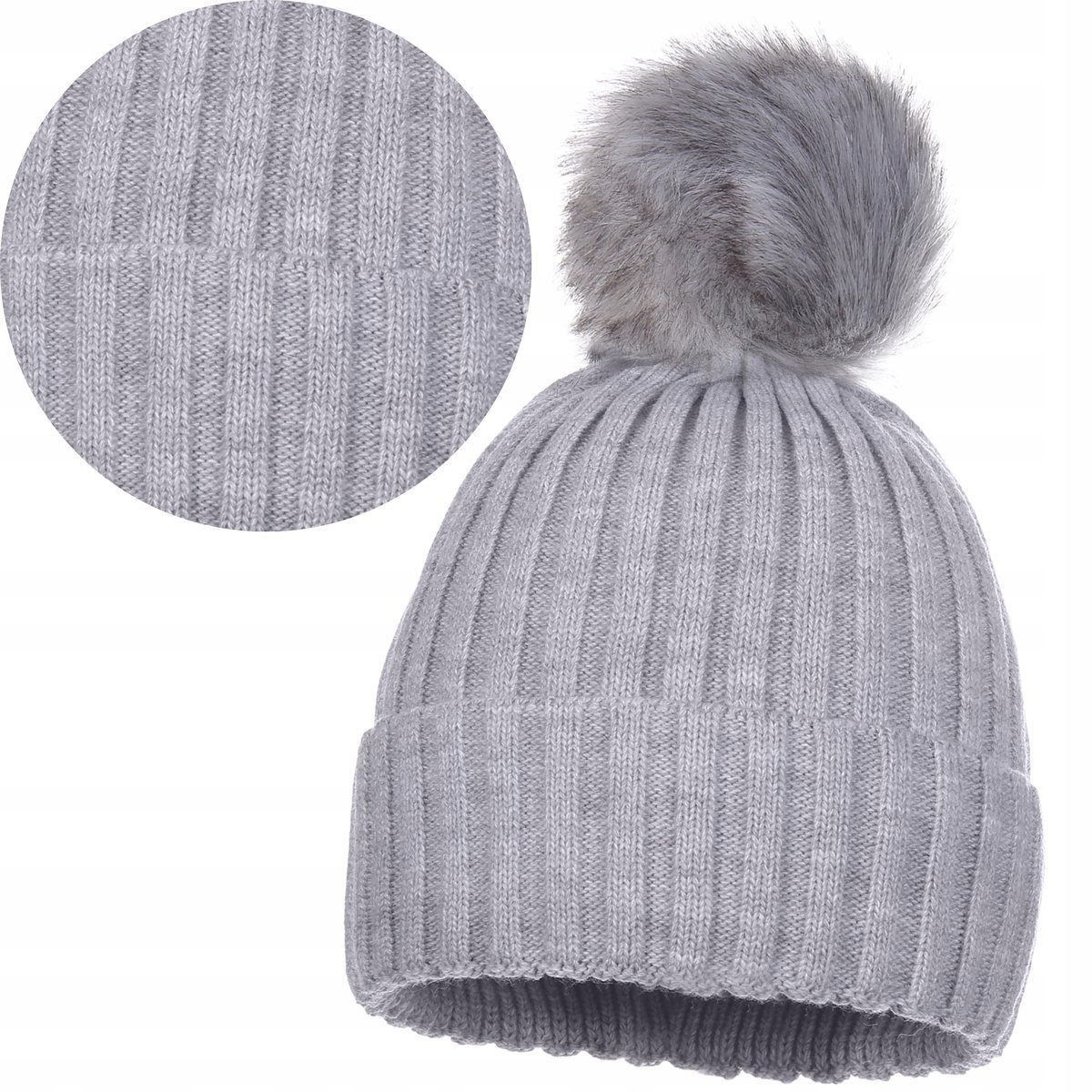 Czapka Damska Jesienna Zimowa Z Pomponem Ciepła Szara Szarość