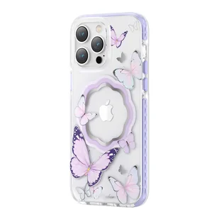 Kingxbar Butterfly Series magnetyczne etui iPhone 14 Pro MagSafe ozdobione nadrukem w motyle fioletowe - Etui i futerały do telefonów - miniaturka - grafika 1
