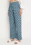 Spodnie damskie - Niebieskio-Granatowe Spodnie z Wiskozy w Mozaikowy Wzór z Gumką w Pasie Rivan - miniaturka - grafika 1