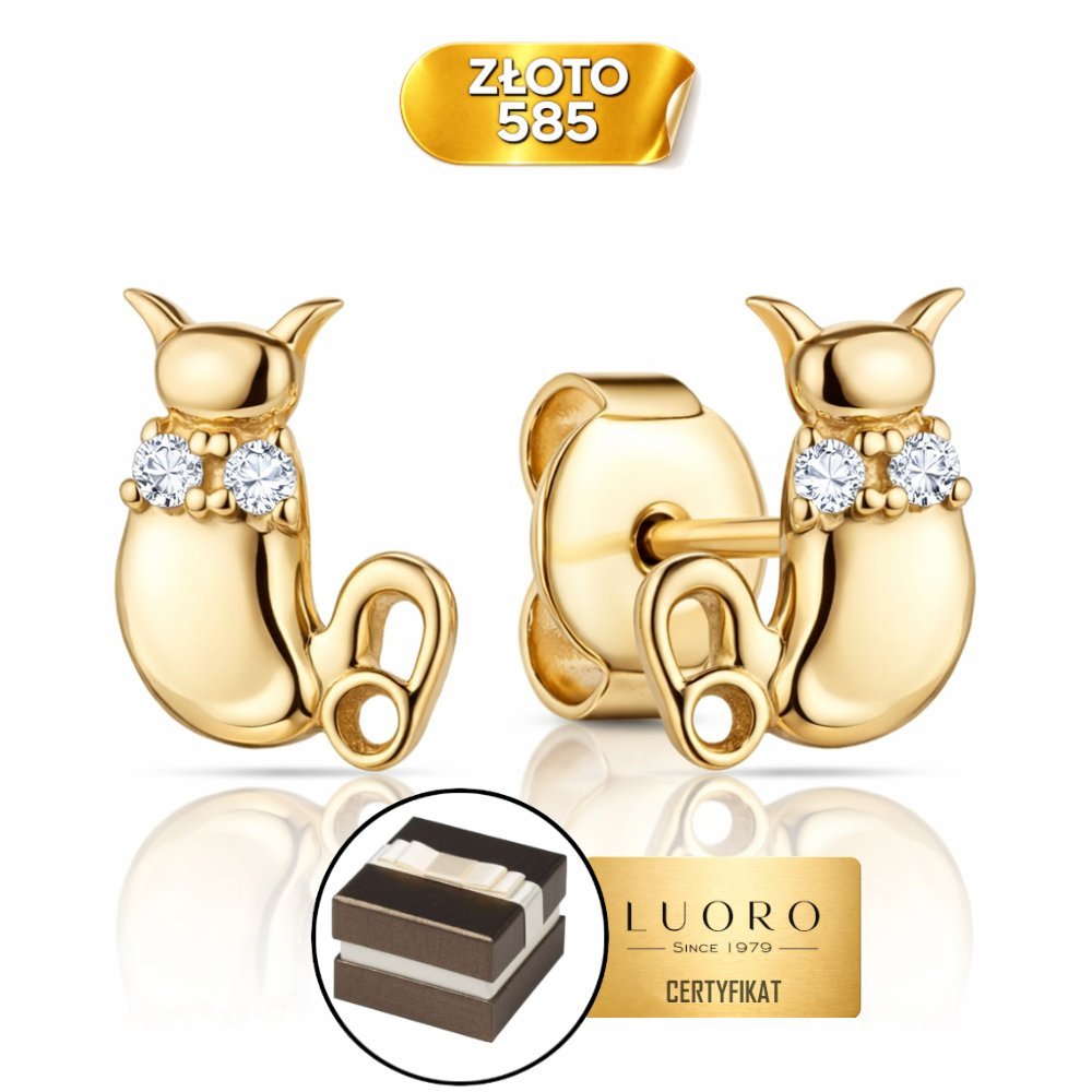 KOLCZYKI ZŁOTE 585 14K KOTKI Z DWOMA CYRKONIAMI SZTYFT 7 MM ELEGANCKIE