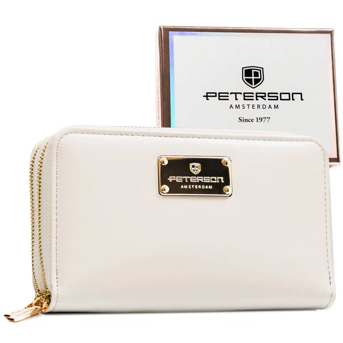 Portfel damski na suwak PETERSON pojemny na karty gotówkę ochrona RFID modny elegancki biały