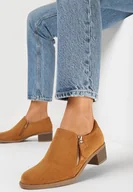 Półbuty damskie - Brązowe Półbuty na Niskim Słupku z Ozdobnym Suwakiem Aricca - miniaturka - grafika 1