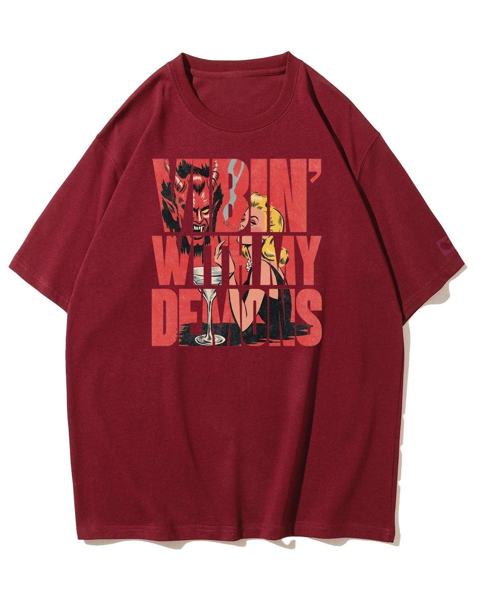 Koszulka oversize Pakt z Demonami Dark Vibes Retro Nadruk Bordowy L