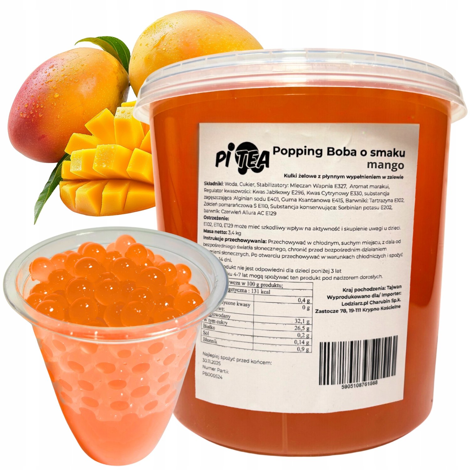 Kulki do Bubble Tea 3,4 kg Mango Popping Boba Kawior Molekularny
