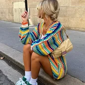 Swetry damskie - TEMU ZJ0922002 Damski Oversize'owy Miękki Kardigan, Wielokolorowy Pasiasy Sweter z Długim Rękawem i Falbankami, Boho Płaszcz Jesienny - miniaturka - grafika 1