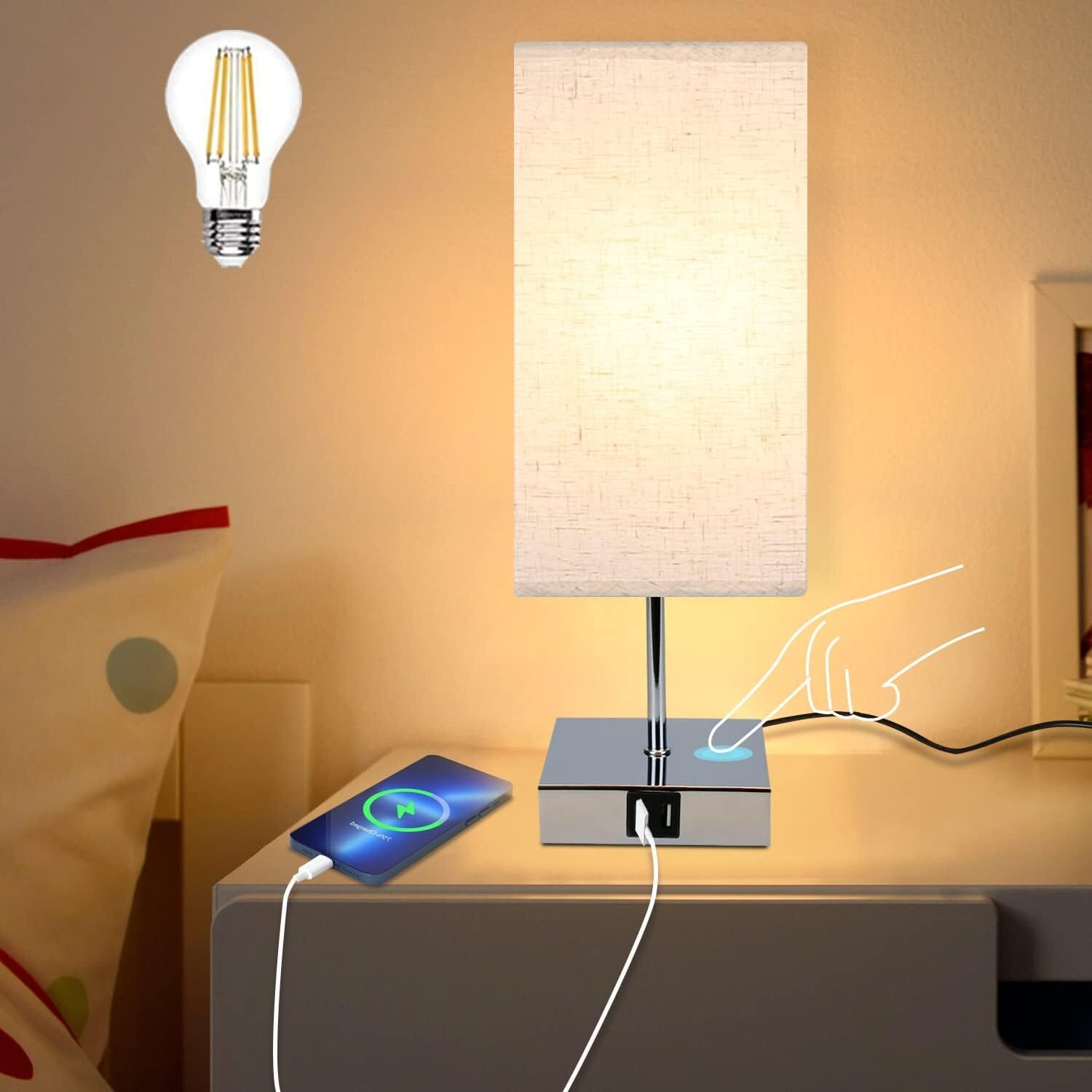 Zestaw 1 lamp stołowych ZMH ściemniana dotykowo lampka nocna USB lampa stołowa vintage z funkcją ładowania E27 ładowalna lampka nocna w kolorze ciepłej bieli z materiałowym kloszem lampa biurkowa do salonu sypialnia - żarówka w zestawie