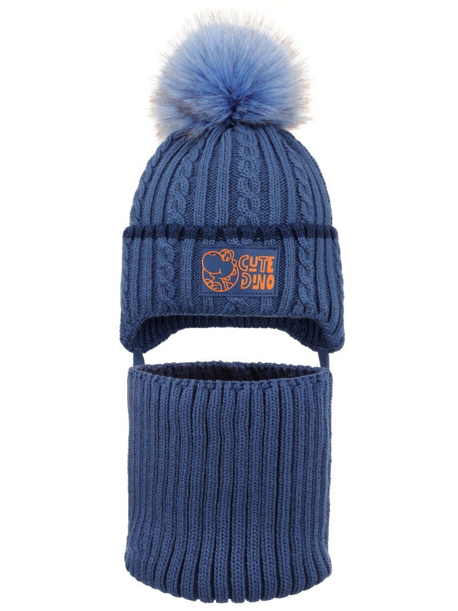 Chłopięcy komplet zimowy czapka i komin dino niebieski Ambra Biz r.46/48