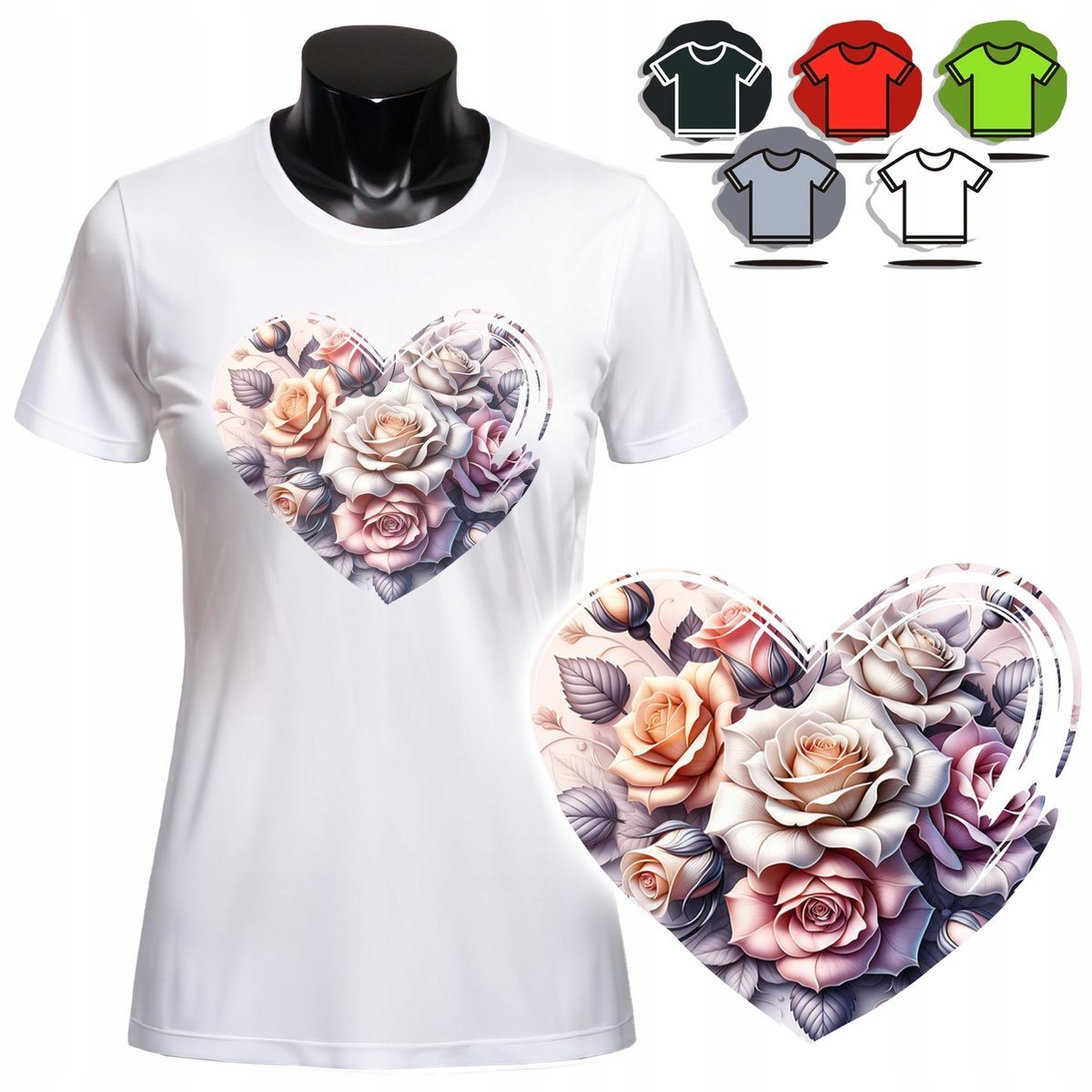 Koszulka Damska Z Nadrukiem T-Shirt - Serce Róża Kwiaty - L