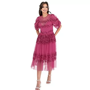 Sukienki - Maya Deluxe Damska sukienka Midi Ladies Sequin Embellished Short Sleeve Dress for Wedding Guest Bridesmaid Balowa Evening Occasion sukienka, Fuchsia, 44 - grafika 1