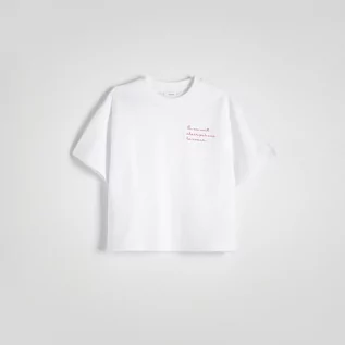 Koszulki i topy damskie - Reserved - T-shirt boxy z haftem - Kremowy - grafika 1