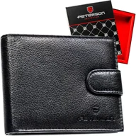 Portfele - Duży klasyczny czarny poziomy portfel męski na zatrzask PETERSON skóra naturalna karty gotówka dokumenty schowek na suwak pudełko prezentowe membran.. - miniaturka - grafika 1