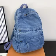 Inne - TEMU Plecak z denimu w stylu vintage, z płótna, swobodny, z przetartego materiału dżinsowego, torba studencka z wieloma kieszeniami, modna damska - miniaturka - grafika 1