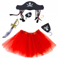 Dodatki do strojów karnawałowych - STRÓJ PIRATKA ZESTAW CZAPKA OPASKA SZABLA HAK KOLCZYK SPÓDNICZKA TUTU CZERW - miniaturka - grafika 1