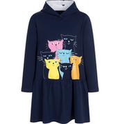 Sukienki i spódniczki dla dziewczynek - Sukienka z długim rękawem dla dziewczynki z kapturem, z kotami, granatowa, 2-8 lat - miniaturka - grafika 1
