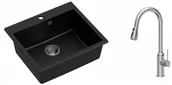 Zlewozmywaki z baterią - Quadron Zlewozmywak granitowy jednokomorowy 57*50*22 cm MORGAN 110 PURE CARBON czarny ze stalowym odpływem z baterią JESSICA Q LINE z wyciąganą wylewką i funkcją prysznica kolor stal szczotkowana - miniaturka - grafika 1