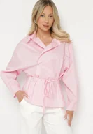 Koszule damskie - Różowa Koszula z Bawełny z Asymetrycznym Zapięciem i Wiązaniem w Talii Eleldia - miniaturka - grafika 1