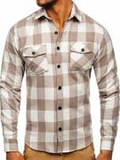 Koszule męskie - Beżowa koszula męska flanelowa z długim rękawem Denley 20723 - miniaturka - grafika 1