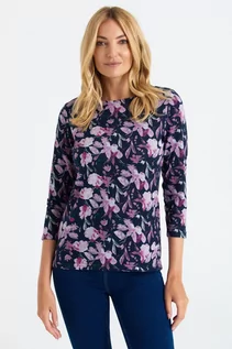 Swetry damskie - Dzianinowy sweter w różowe kwiaty, dopasowany fason - Greenpoint - grafika 1