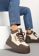 Botki damskie - Beżowo-Brązowe Botki Typu Sneakersy na Grubej Podeszwie Mocno Ocieplane Futrem Leavinael - miniaturka - grafika 1