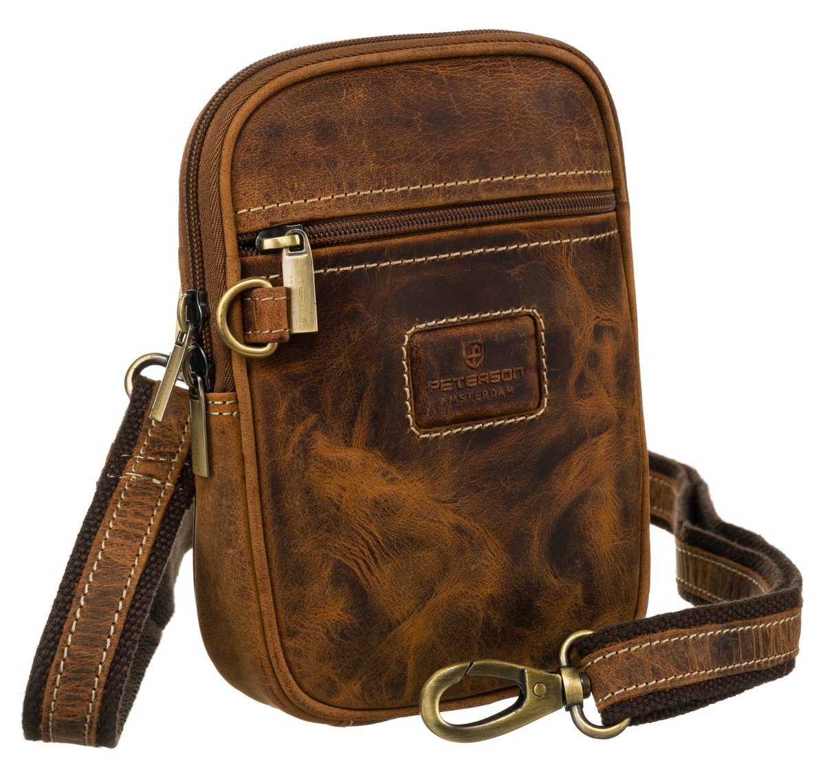 Saszetka na ramię męska skórzana PETERSON mała na co dzień kieszonka na telefon saszetka na ramię lub na pas do spodni brązowa nubuk