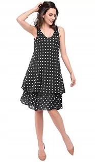 Sukienki - Sukienka damska 100% lniana Made in Italy, sukienka z dekoltem w serek z nadrukiem w małe kropki i podwójnymi falbankami, czarna, rozmiar: S, czarny, S - grafika 1