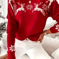 Swetry damskie - TEMU Elegancki Czerwony Sweter Świąteczny dla Kobiet z Białym Wzorem Renifera i Płatka śniegu - Miękki, Elastyczny Poliestrowy Pulower z Długim - miniaturka - grafika 1