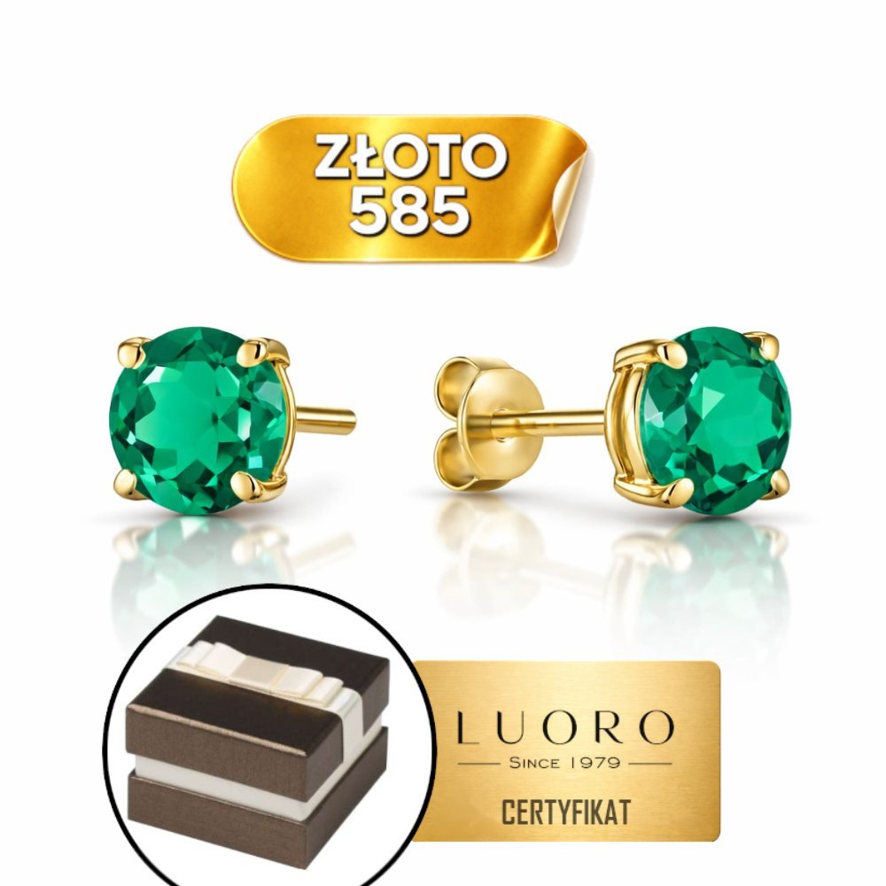 KOLCZYKI ZŁOTE 585 14K ZIELONY KWARC KÓŁKO 6 MM SZTYFT ELEGANCKIE
