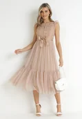 Sukienki - Beżowa Koktajlowa Sukienka z Koronkową Górą i Tiulowym Dołem Sleda - miniaturka - grafika 1