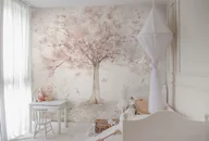 Wyposażenie pokoiku dziecięcego - Merry Cherry Powder Tapeta dla Dziewczynki z Kwiatami i Drzewem - miniaturka - grafika 1