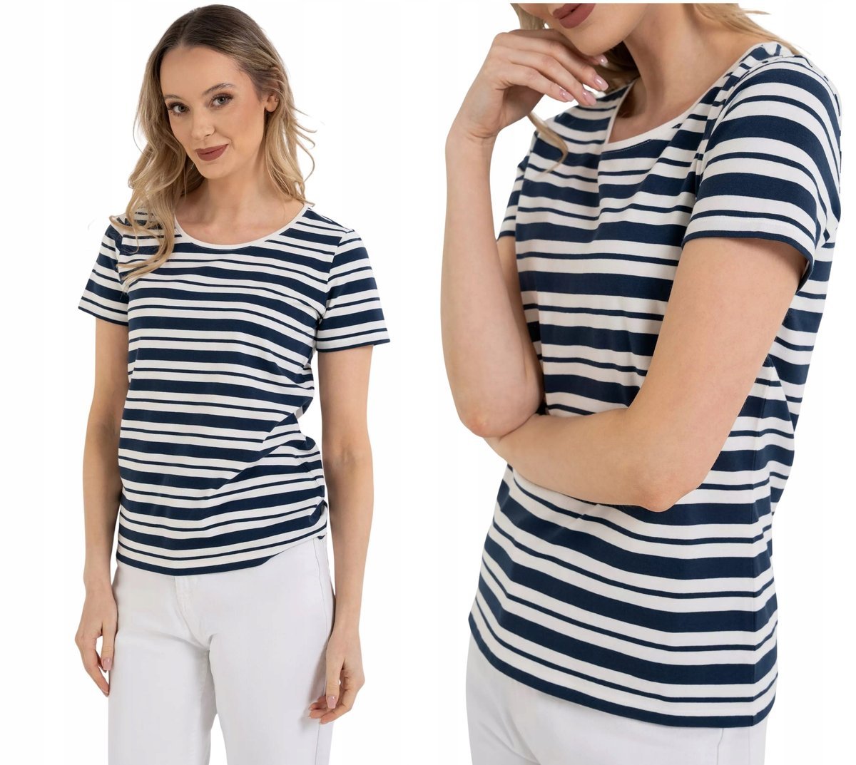 Damska Koszulka T-shirt Bawełniana w Paski Klasyczna GRANATOWA MORAJ 3XL