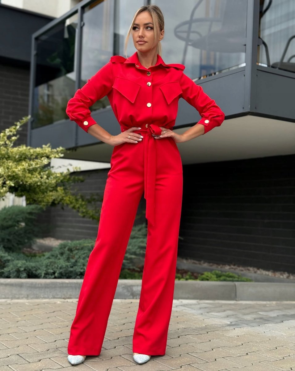 Elegancki Kombinezon Damski Wiązany w Talii Pasek Czerwony S