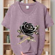 Bluzki damskie - TEMU Damska koszulka casualowa z dekoltem w kształcie litery V z czarnym róży i złotymi liśćmi - miękki różowy, krótki rękaw, okrągły dekolt, lekka - miniaturka - grafika 1
