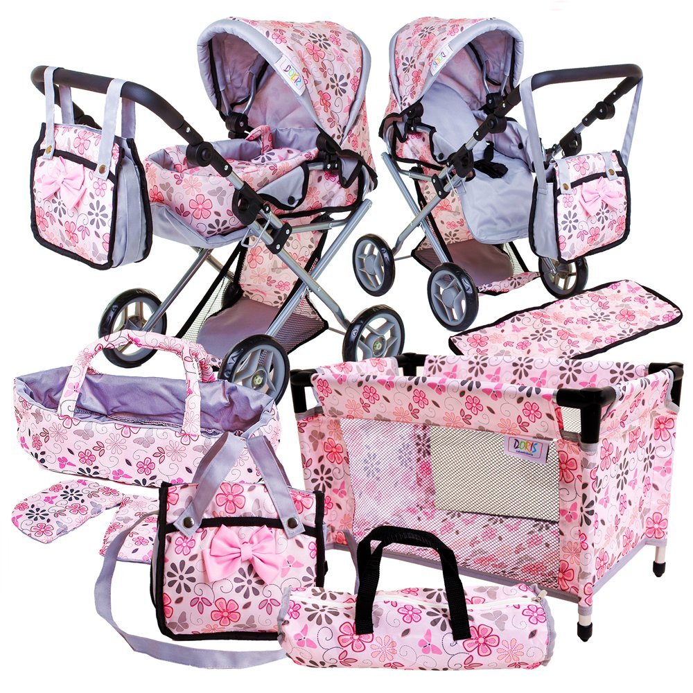 Wózek dla lalki zestaw 3w1 Gondola Głęboki Spacerówka dla lalek z akcesoriami ŁÓŻECZKO TORBA NOSIDŁO POŚCIEL Doris